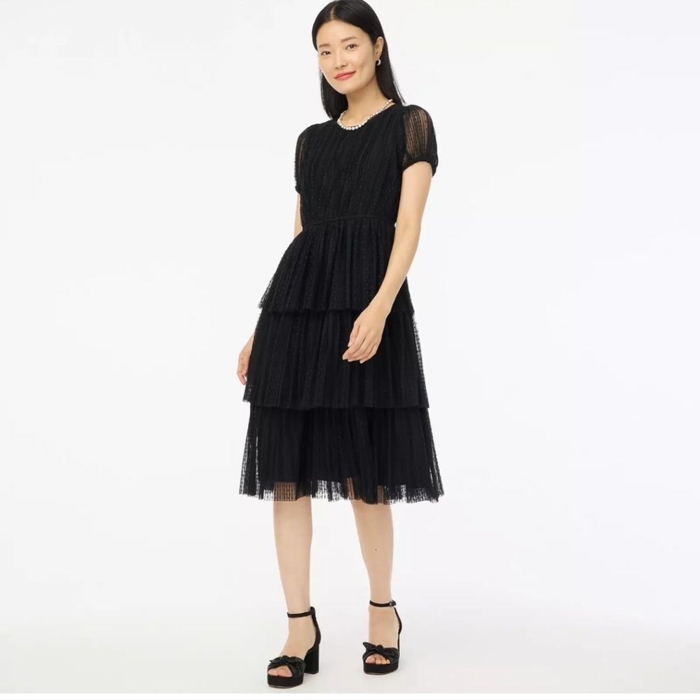 J Crew Factory Pleated flock-dot puff-sleeve dress  NWT Size 00 Black CE623